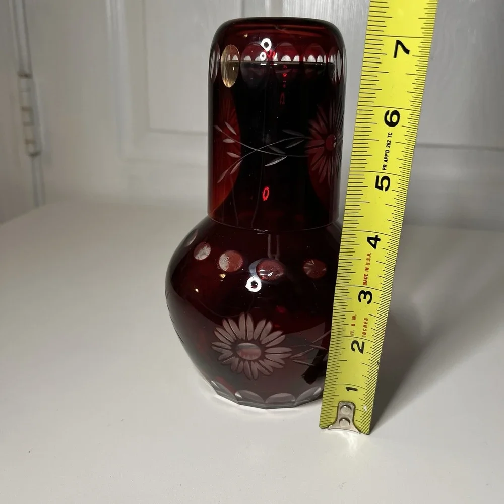 Antique Bohemian Red Czech Cut Glass Carafe Set Pitcher Cup Etched‎ Floral